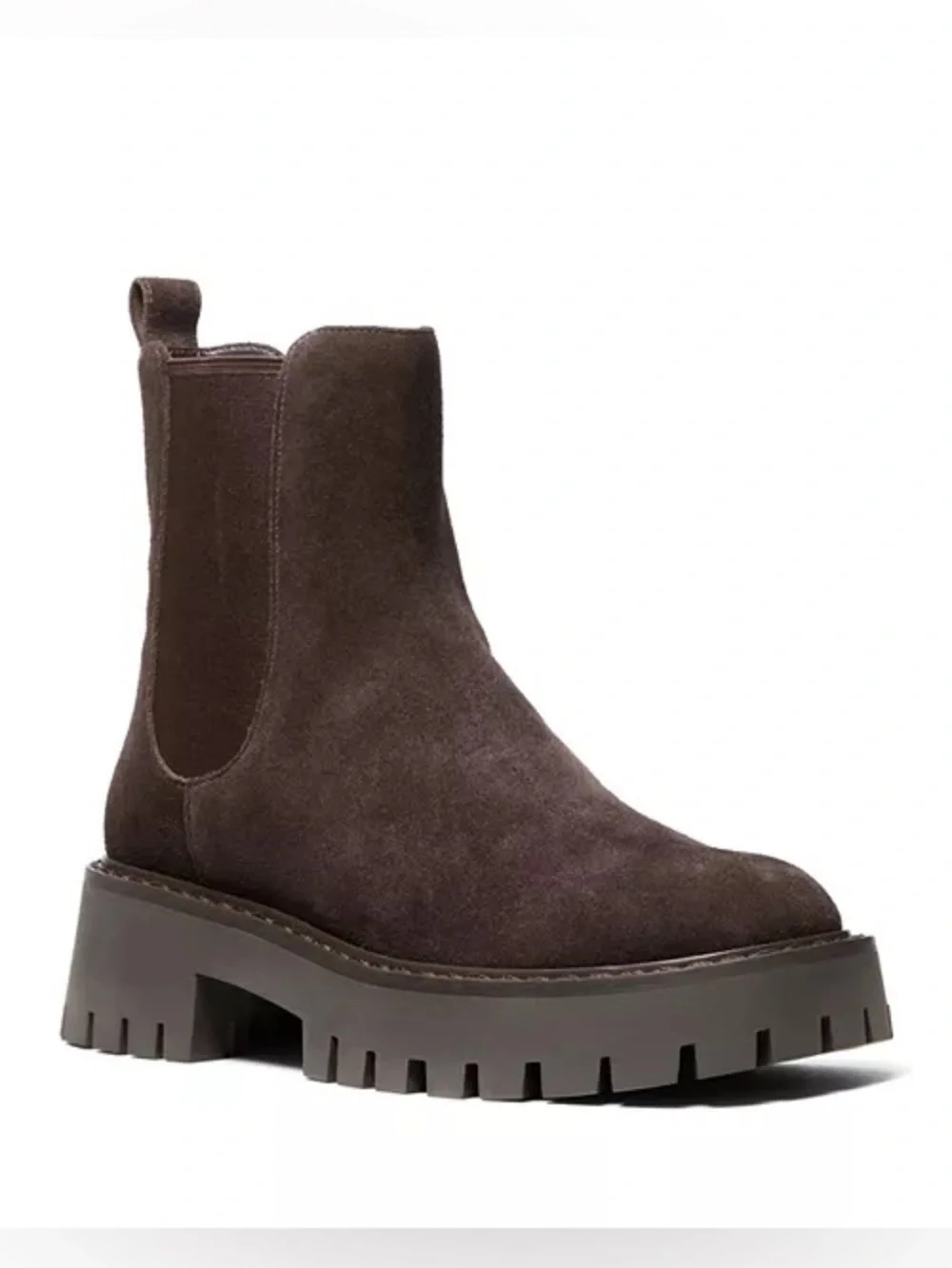 MICHAEL KORS Asher Suede Chelsea Flat Bootie Chocolate Brown Lug Sole Size 6 NIB